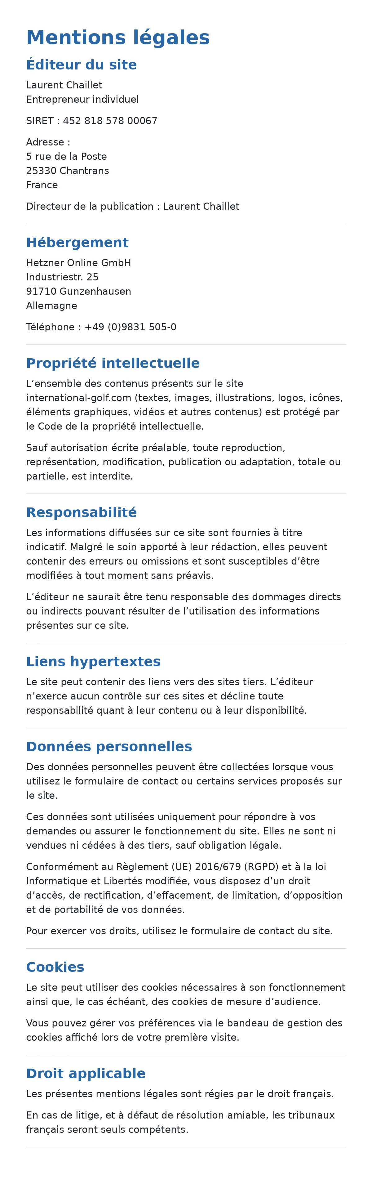 Mentions légales de Fairway Mag